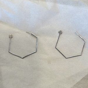 Tory Burch 2” Hex Logo Big Hoop Silver  Earrings Fun Designer